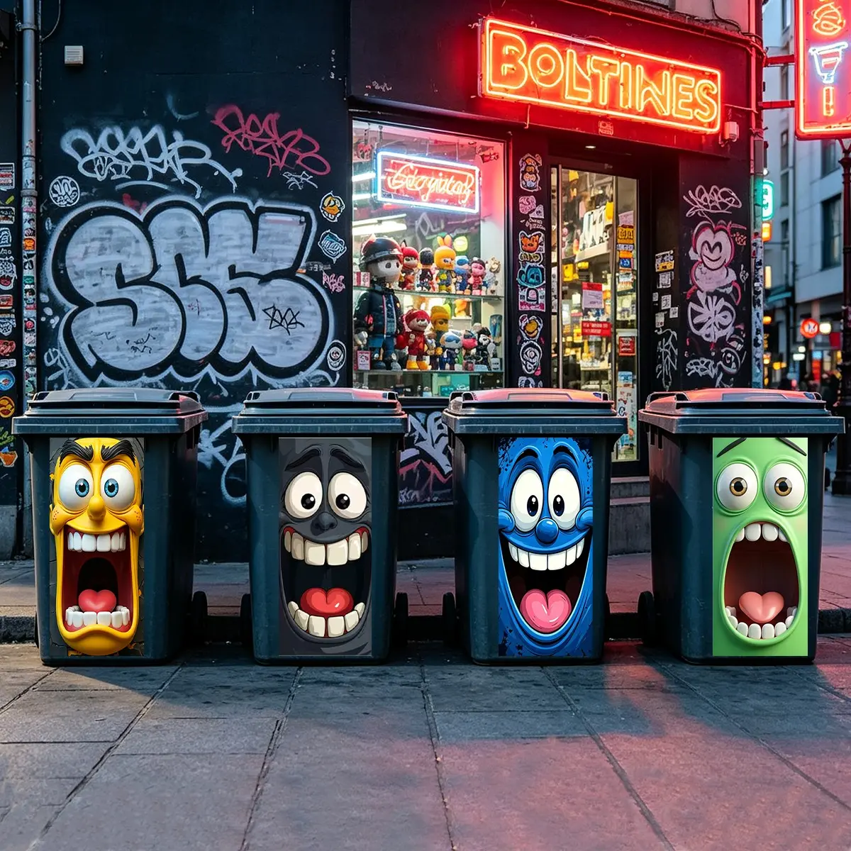 4 Funny Cartoon Face Stickers, Large Eye Smiling Design, Home Decor Trash Can Stickers, Glossy Surface, Fun Theme Decoration, Decal Sticker