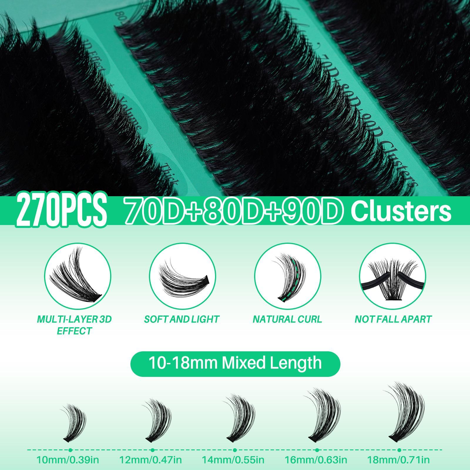 Mixed Length False Eyelashes Kit, Eyelash Extension, 1 Set Mixed Length 3D Effect Volume Cluster Lashes, Long-lasting Lashes Kit with Lash Bond & Seal & Tweezers, Makeup