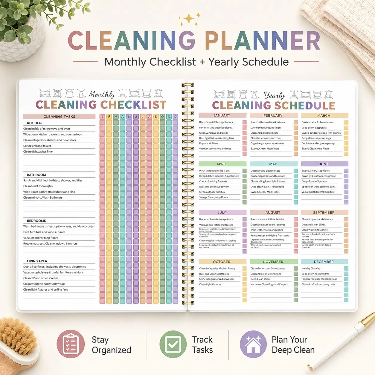 Monthly Cleaning Checklist & Annual Schedule Planner, Home Chore Management Notebook, Kitchen Bathroom Bedroom Living Room Task Tracker, Daily Deep Clean Planning Book, Yearly Planner