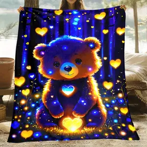 A Glowing Bear Print Flannel Blanket, Ultra-Soft And Comfortable Flannel Blanket, Lightweight And Durable, Suitable for Sofas, Beds, Travel And Camping |   Ideal Gift Choice, Machine Washable