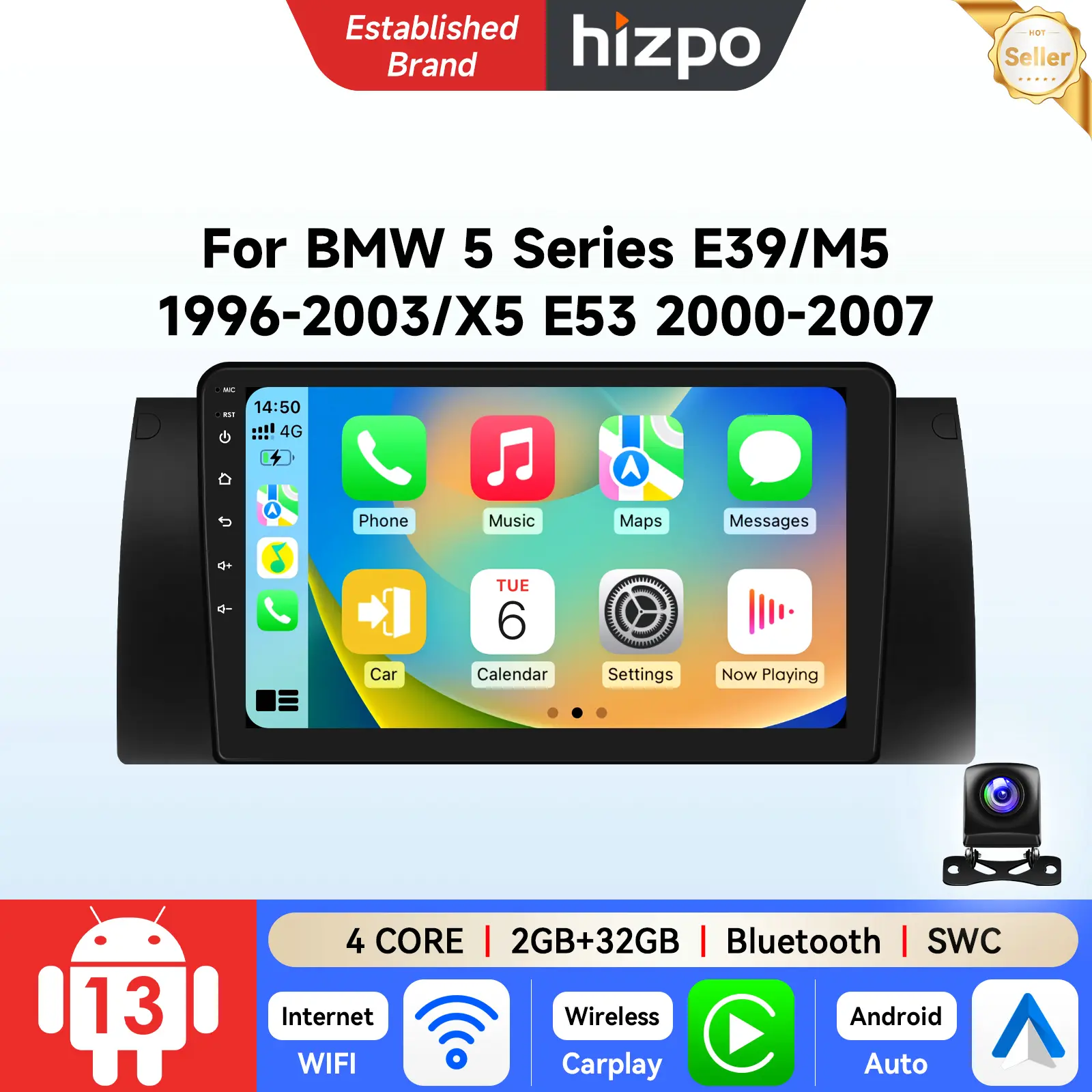 Hizpo Android 13 Car Radio for BMW 5 E39/M5, X5 E53 (1996-2003) - 2GB+32GB Memory, GPS Navigation, Wireless CarPlay, Android Auto, Built-in WiFi, Bluetooth, DSP, SWC, CANBUS Support, Old 17-Pin & New 40-Pin Connectors