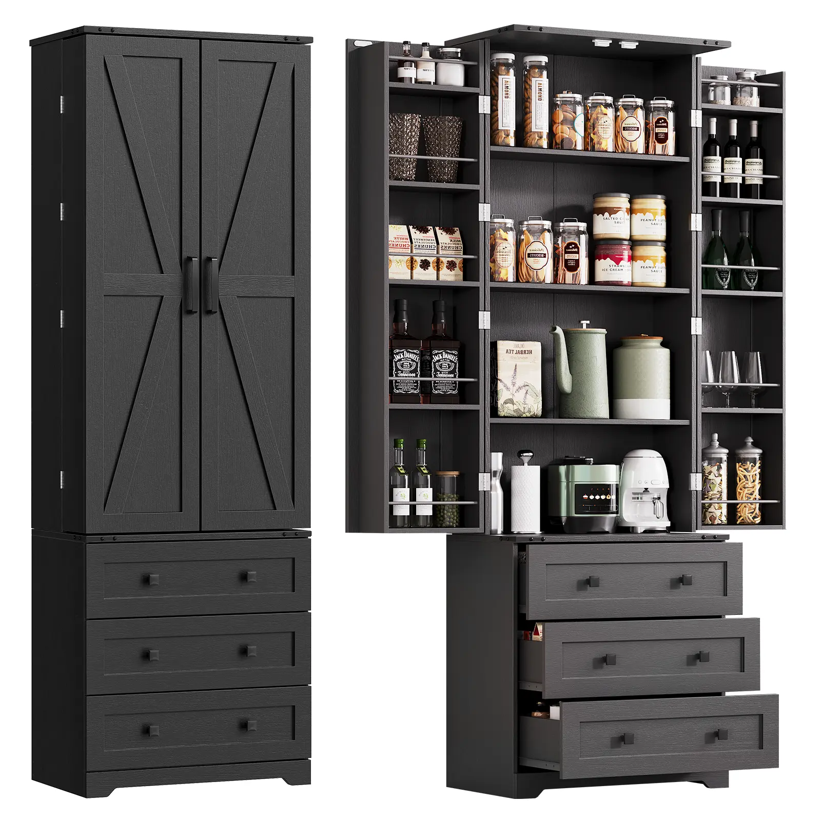 [Football Fan SeasonDeal] GAOMON 72" Tall Freestanding Pantry Cabinet - Large Kitchen Storage Cupboard with 3 Drawers, Adjustable Shelves - Modern Farmhouse Style, Versatile for Living Room, Kitchen, or Dining - Black or White with Brown Top