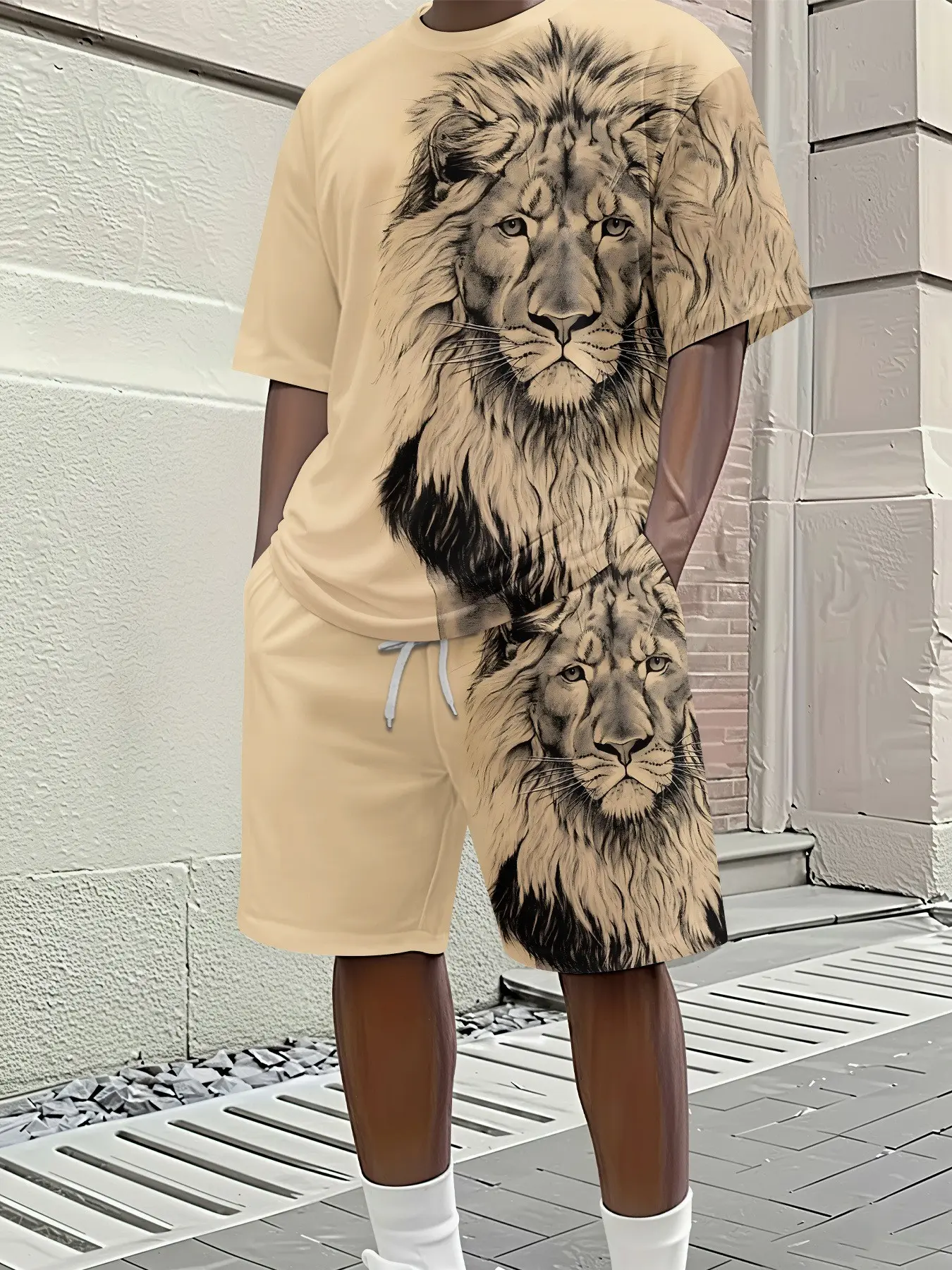 Men's Summer Trendy Set, Realistic Lion Full Print Pattern, Sharp Cutting Suitable for Outdoor Walking Style
