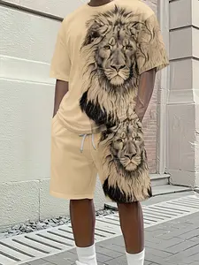 Men's Summer Trendy Set, Realistic Lion Full Pattern, Sharp Cutting Suitable for Outdoor Walking Style