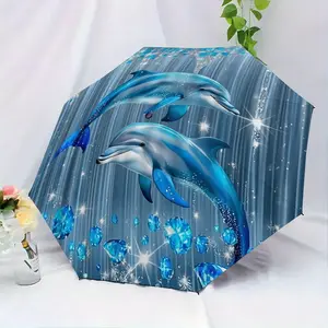 Double Dolphin Fantasy Pattern Automatic Folding Umbrella, Lightweight Compact Travel Umbrella, 8-Rib Strong Frame, Unisex, Portable Outdoor Accessory