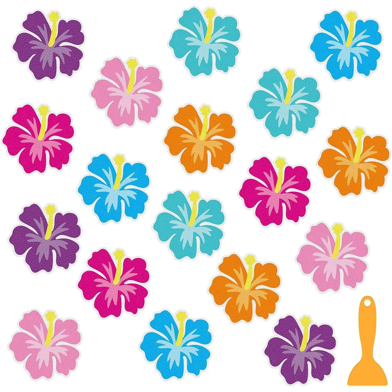 24 count Flower Non Slip Bathtub Sticker with Scraper Hawaiian Hibiscus Anti Slip Shower Tread Adhesive Cartoon Floral Shower Decal for Summer Bathroom Floor Decoration