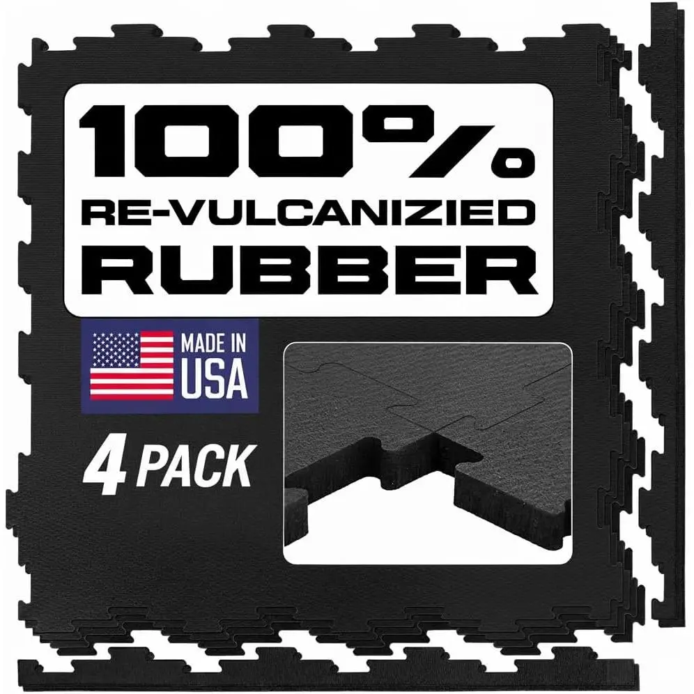 Interlocking Rubber Floor Tiles – Heavy Duty  Rubber Gym Flooring for  Gym, Garage, Workout Room, Equipment Mats, Indoor/Outdoor Mats, Gray Fleck 4-Pack (4, Black, 22.5" x 22.5")