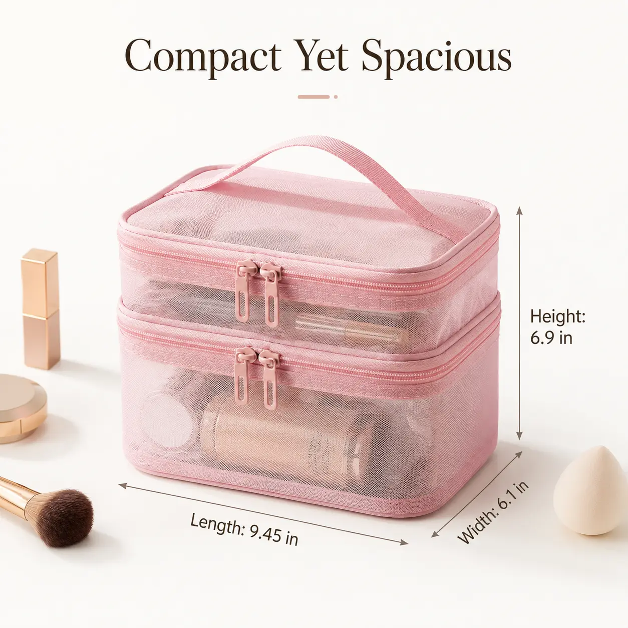 {   "title": "Large Capacity Travel Makeup Organizer Bag, 2 Tier Transparent Mesh Cosmetic Storage Case with Handle, Portable Toiletry Bag for Women, Beauty Essentials, Bathroom & Luggage Organization, One Size Fits