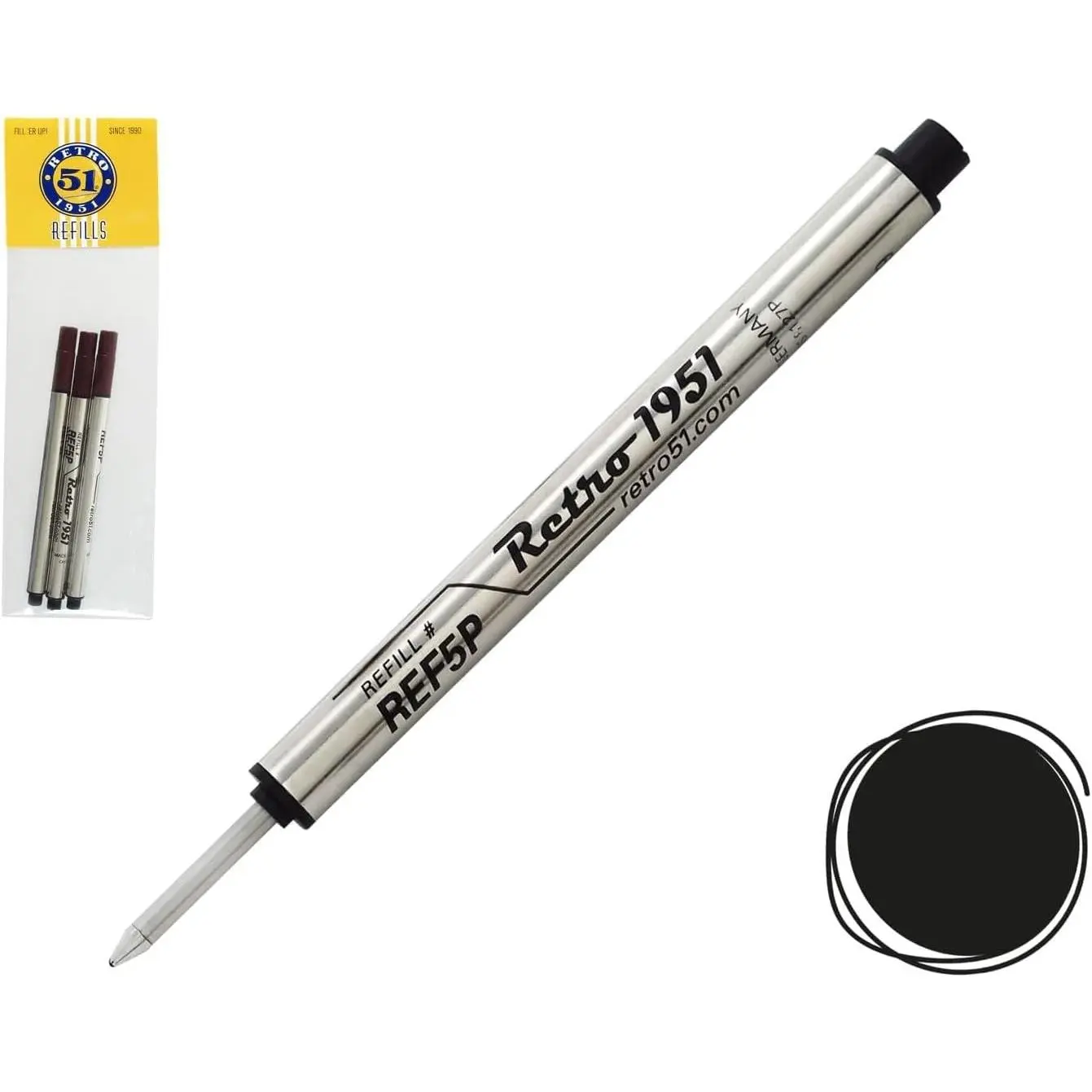 Tornado 51 Black Rollerball Ink Refills, 3-Pack, 3.8" Long, Smooth Flow, Compatible with Tornado Office Writing Pens