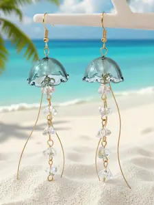 Ligui Ocean Vibes Translucent Jellyfish Dangle Earrings | Crystal Beaded Tassel Drop Hook Earrings | Summer Beach Vacation Statement Jewelry