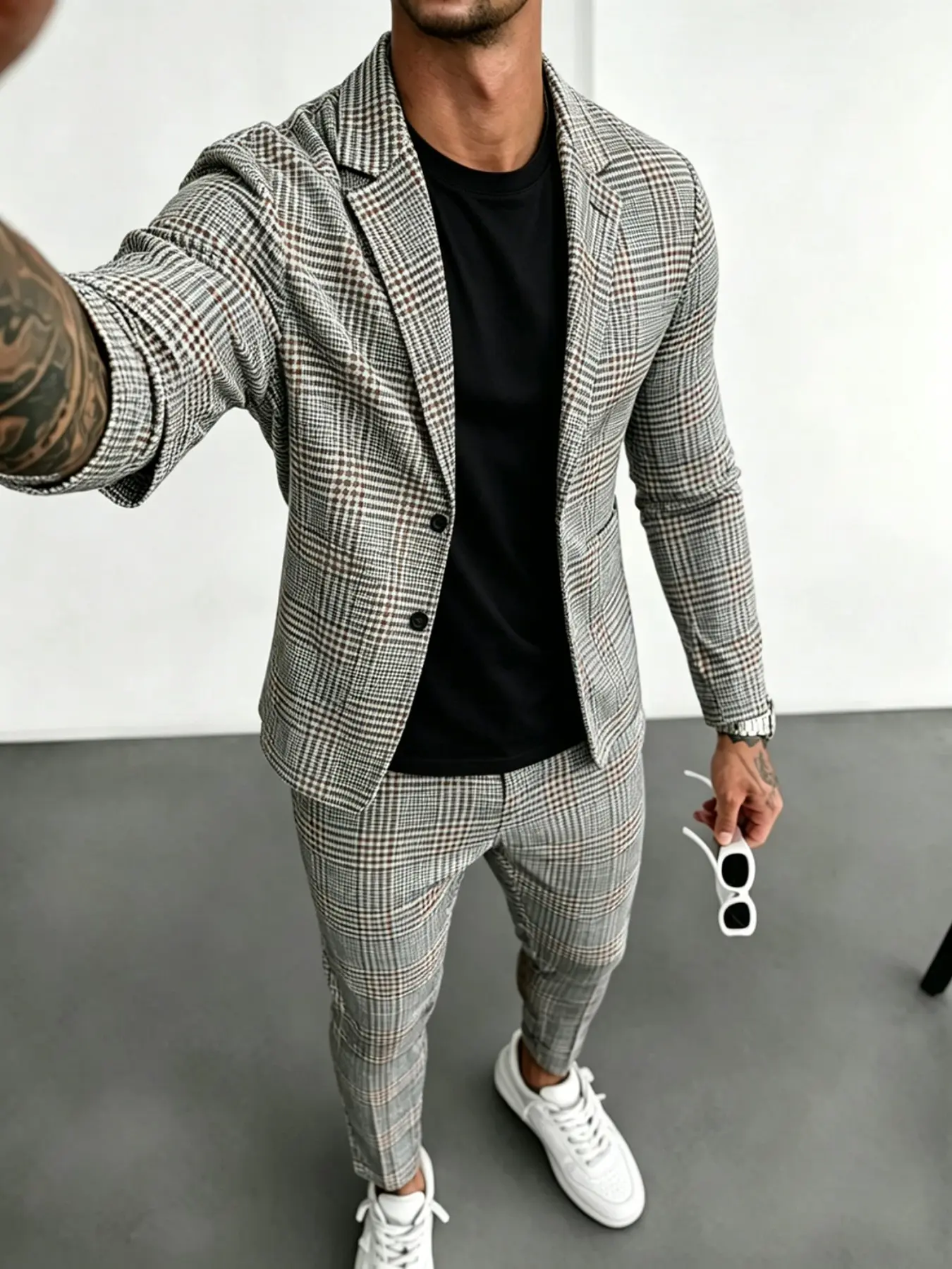 Vintage Birdseye Pattern Men's Blazer Set, Single Button Casual Plaid Checked Jacket with Fitted Pants, British Style for Business, Daily and Classic Office Wear