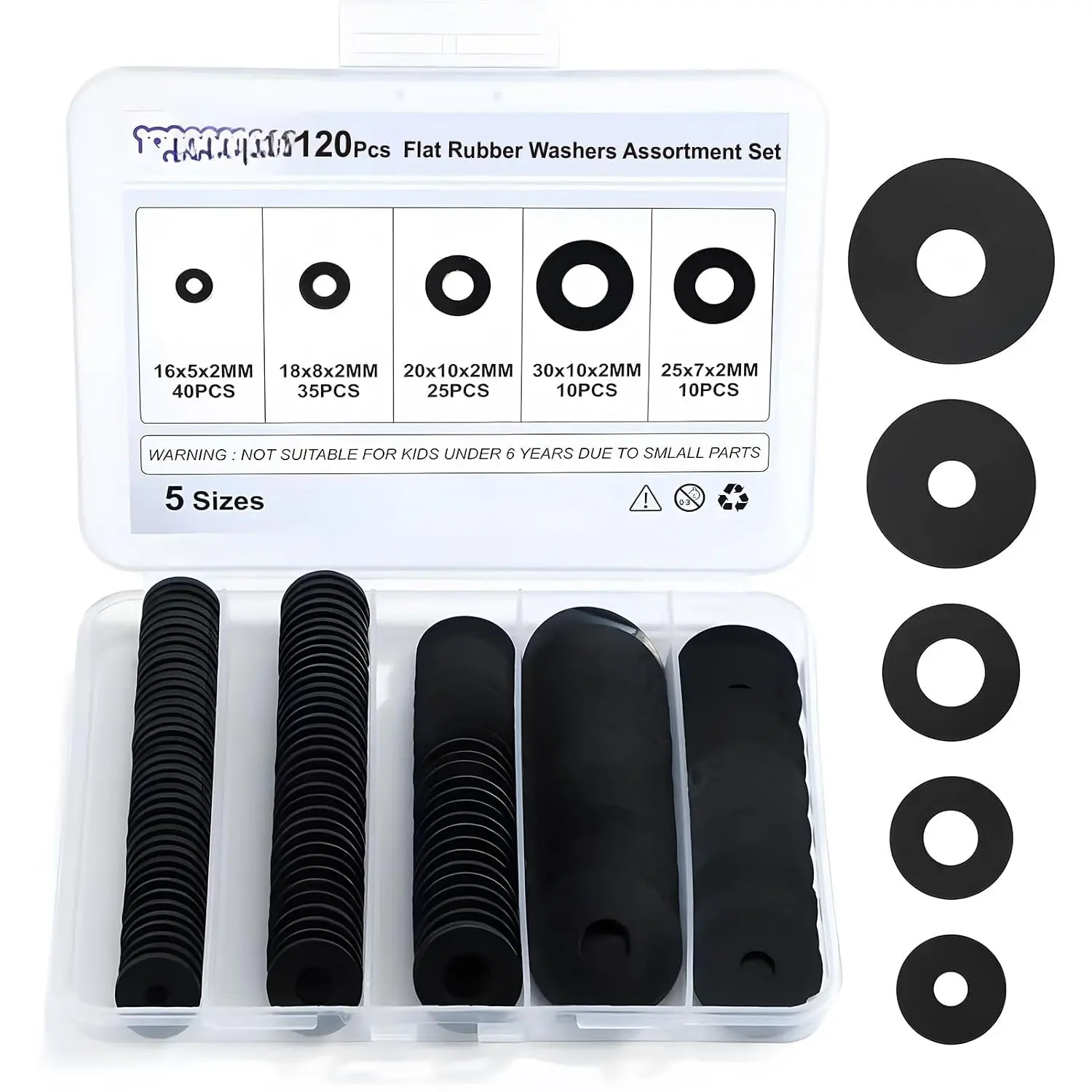 120 count Flat Rubber Washers  Kit,16/18/20/25/30mm Black Washer,Vibration Absorbing Pads Sealing Rubber Washers for Faucets Garden  Screws Hose Plumbing Shower - 5 Sizes