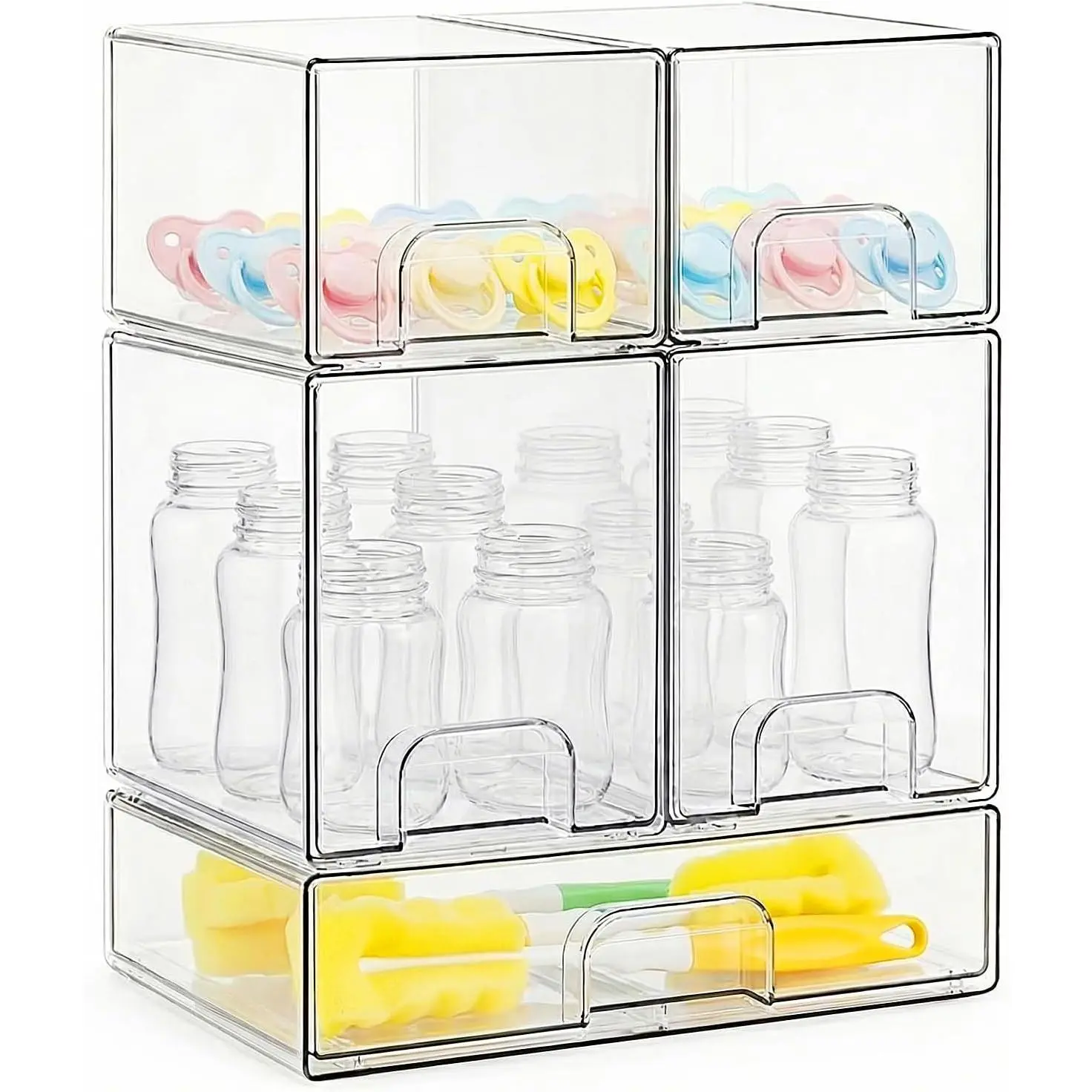 Clear Stackable 5 Pack Storage Drawers Set, Bottle Organizer for Baby Bottles Beauty Supplies, Ideal for Countertop Vanity Bathroom Cabinet Pantry Organization, 15.4" H