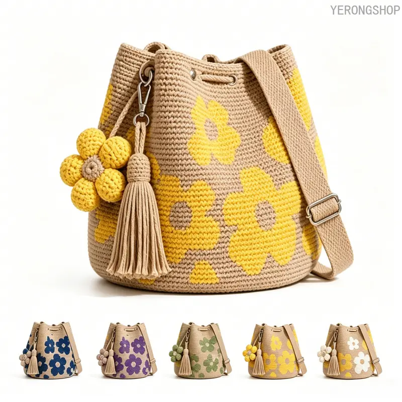 Handmade Crochet Flower Bucket Bag, Mesh Knit Shoulder Bag with Floral & Fringe Design, Lightweight Boho Style Crossbody Purse, Cute Casual Tote Bag for Women, Perfect for Beach & Daily Use large capacity