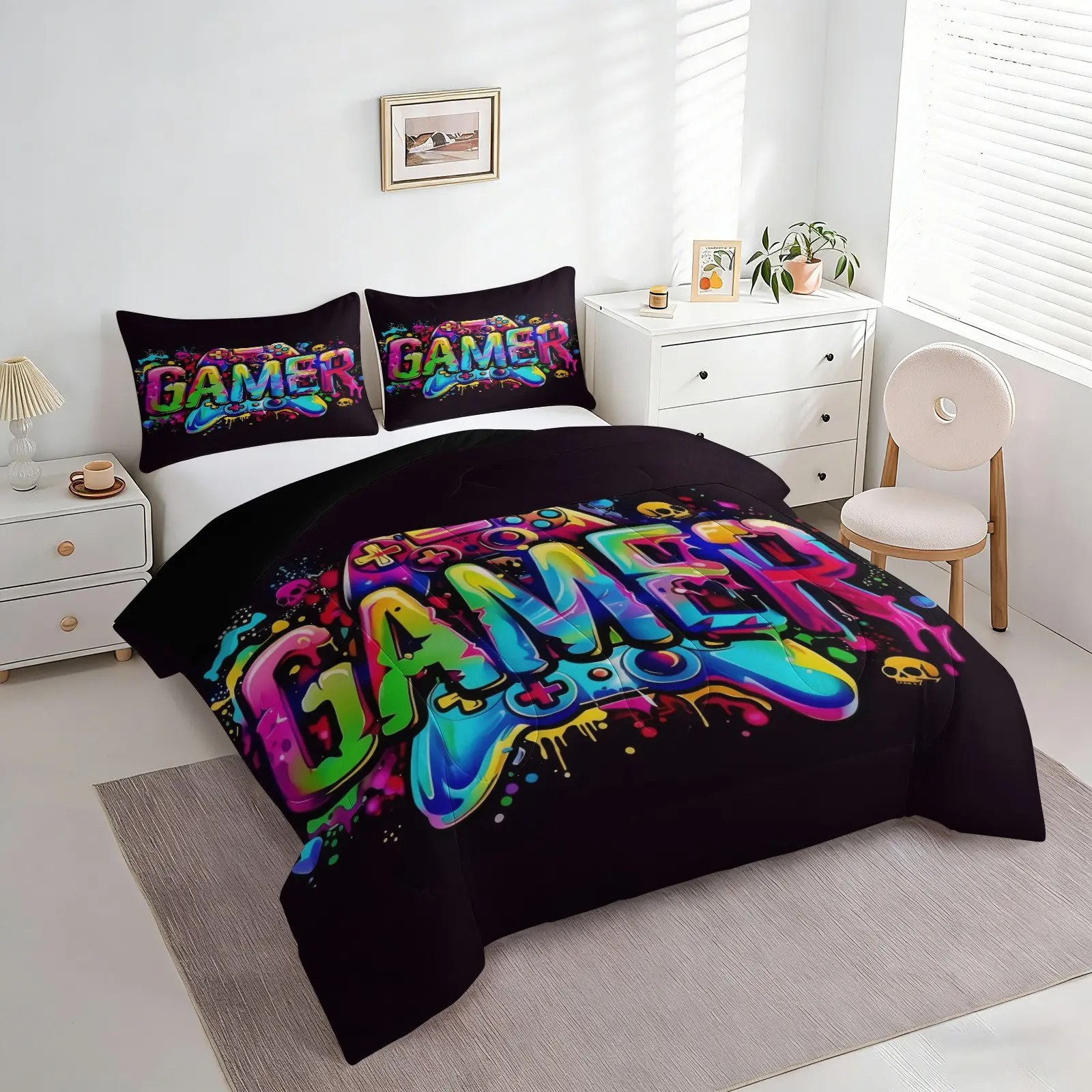 Graffiti Gaming Comforter Set, 1 Quilt & 1/2 Pillowcase No Pillow Insert, Gamer Themed Bedding Set, Soft All Season Bed Comforter, Teen Gaming Room Decor for Bedroom, Dorm & Game Room Decoration