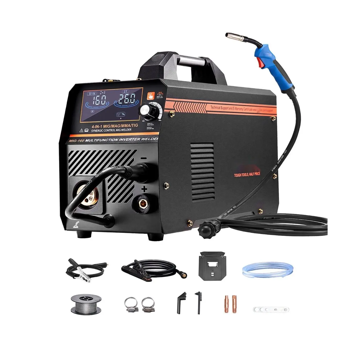 160 Amp MIG Welder 4-In-1 Multi-Process Welding Machine for Gas MIG, Flux Core MIG, Stick, and Lift TIG; Portable Inverter Welder with Digital LCD Display, Compact Design, Carry Handle, Ideal for Home Shop, DIY Projects