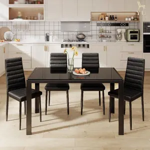 Asofer [2 Packages Shipping]4- Chair And 6- Chair Dining Table Set , With Glass Dining Table, High PU Leather Chairs, Modern Room Sets For Dining Room, Living Room