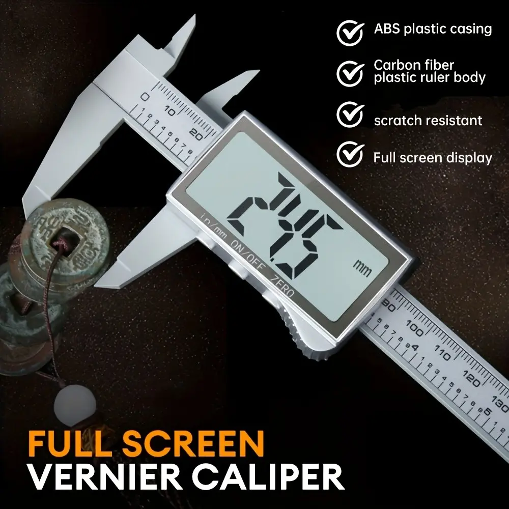 Digital Caliper, Full Screen Vernier Caliper, Electronic Micrometer with LCD Display, High Accuracy Precision Measurement, Carbon Fiber Ruler, Plastic Cover