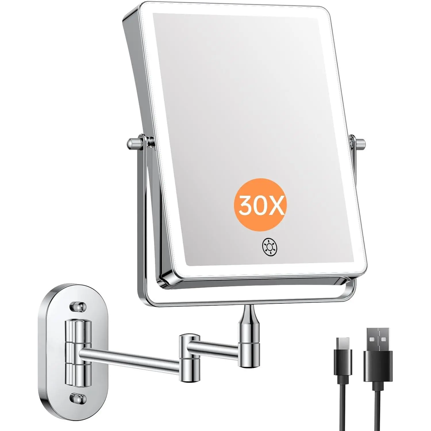 8.7" 5000mAh Rechargeable Wall Mounted Makeup Mirror (Chrome) |   Double Sided 1X/30X Rectangle Wall Mounted Magnifying Mirror with Light, 3 Color Setting, Extended Arm 360 °   Swivel Foldable
