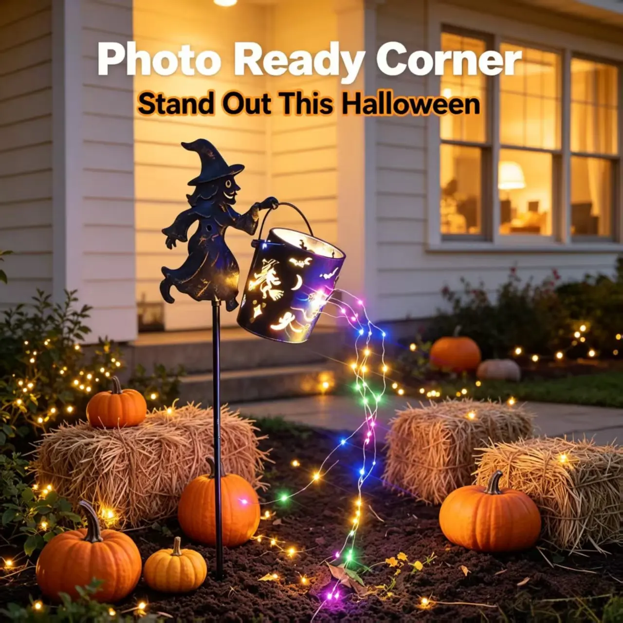 Witch Pumpkin Bucket Courtyard Light, Halloween Pattern Cutout Projection, Flowing LED String Lights, Garden Patio Decor