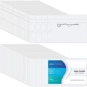 200 count Name Tags with Pins ID Clear Plastic Badge Holder Pin Style Name Badge Holders with Inserts ID Card Plastic Badge Sleeve, 2.44 x 3.58 Inch( Clip)