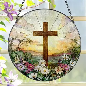 Stained Glass Cross and Wildflowers Suncatcher Christian Stained Glass Windows Hanging Flower Cross Gift for Religious Easter Faith Christian Gifts Religious Home Decor