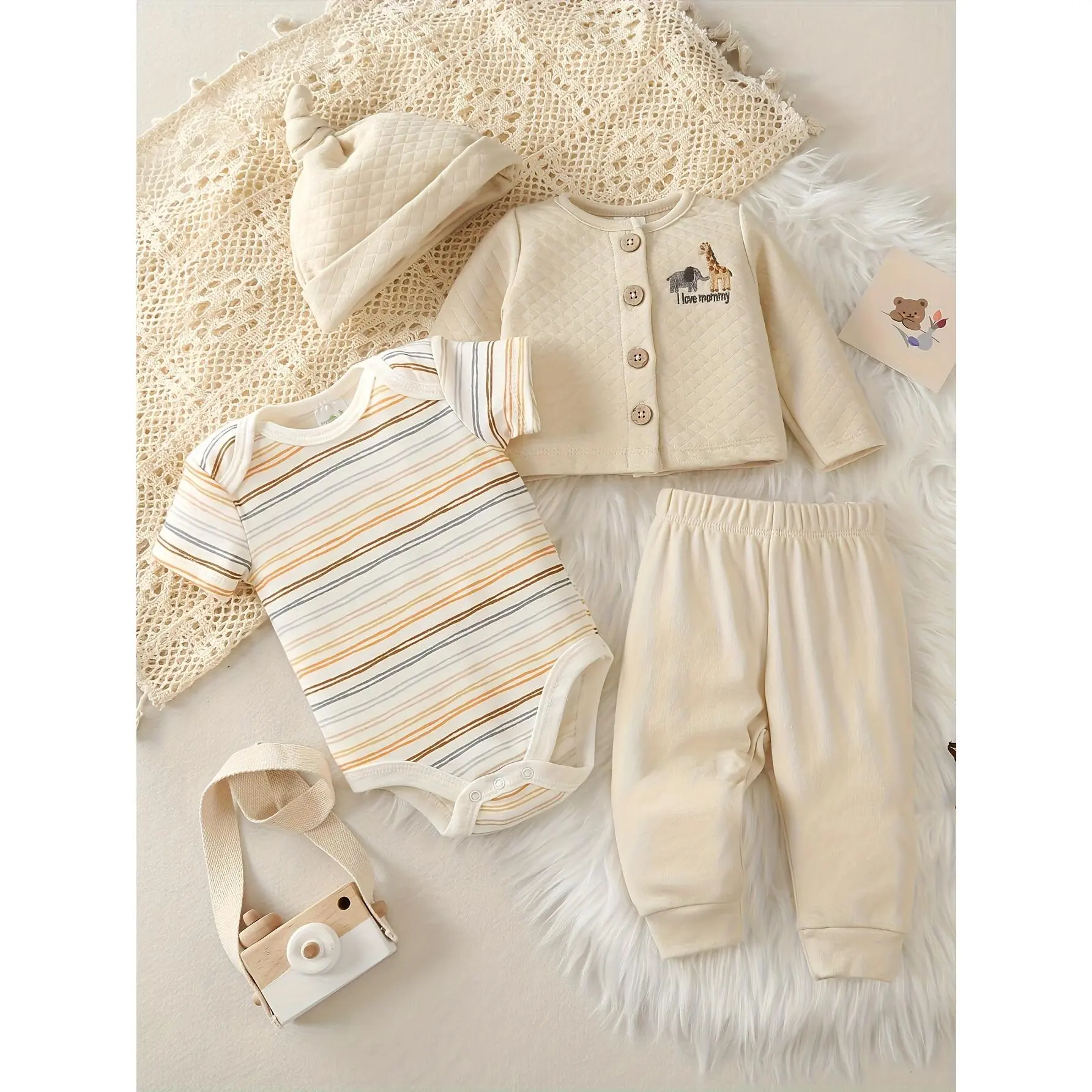 Baby Autumn And Winter 4pcs Set for Girls: Coat, Long Pants, Triangular Jumpsuit, Hat, Multi-piece Set, Outdoor Suit, Giraffe And Elephant Knitted Clothes, No Belt, Perfect for Outdoor,Halloween costumes and clothes, Perfect for Outdoor