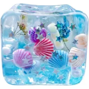 TREBIN Ice Cube Stress Ball Squishy Fidget Toy, Slow Rising Sensory Squeeze Toy for Anxiety Relief, Focus & Calmc Stress Cube for Office Work Travel, Collectibles (2'' Blue Ocean Shells)