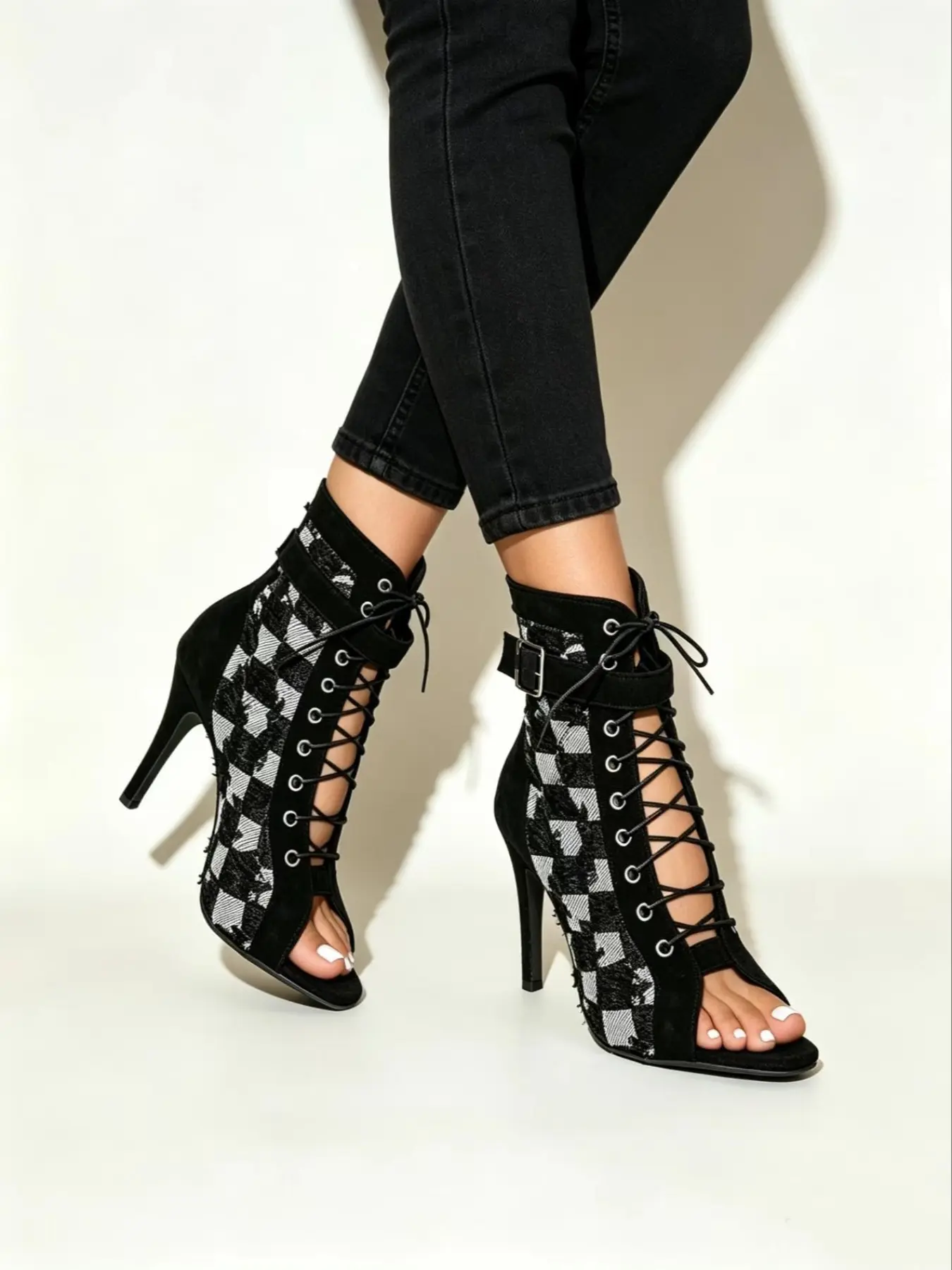 Women's Fish Mouth Colorblock Mesh Breathable Lace-Up Sexy Party High Heels, Elegant French Style, Strappy Party Shoes, Perfect for Spring and Easter