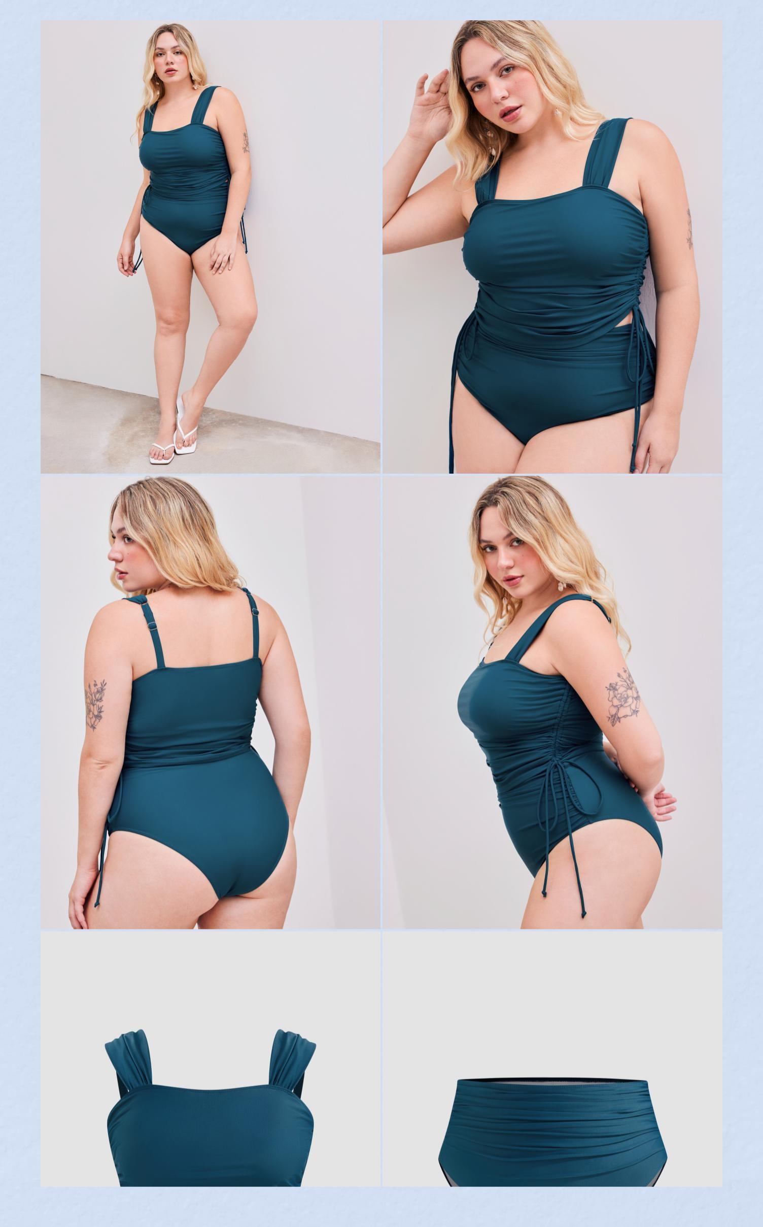 Cider Shaping Square Neck Solid Drawstring Bracelet Cheeky Tankini Swimsuit Curve & Plus