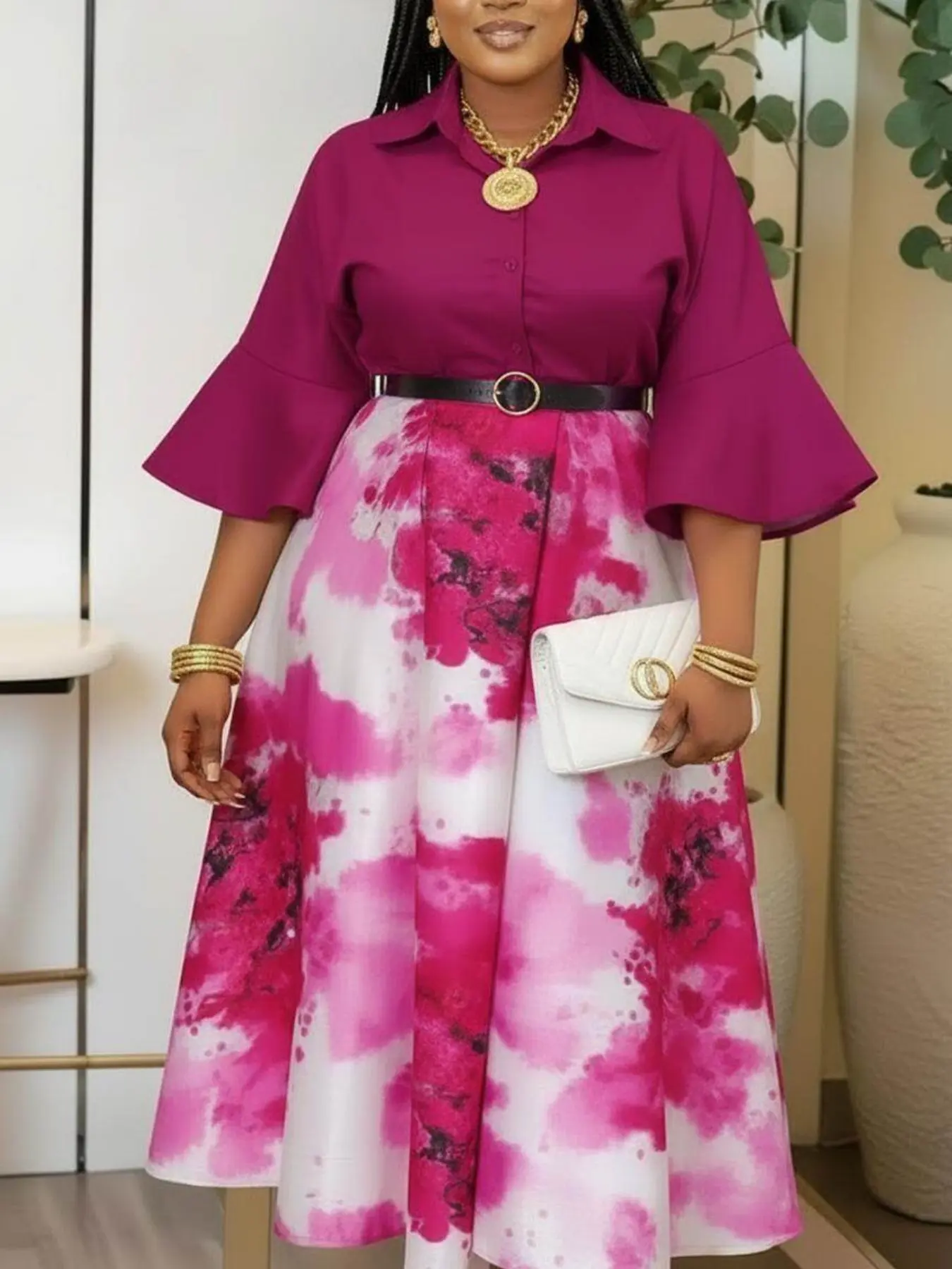Plus Size Women's Spring Summer Bell Sleeve Waist Cinch Print Dress, Fashion Colorblock Design, Perfect for Daily Outing and Casual Events