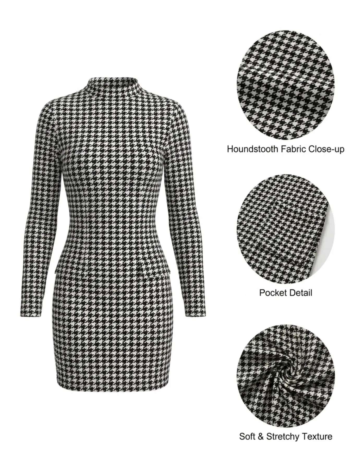 Women Elegant Houndstooth Checkered Short Sleeve Dress, Waist-Cropped Princess Skirt With Fake Pockets, Casual Outfit Suitable For Autumn Tea Parties