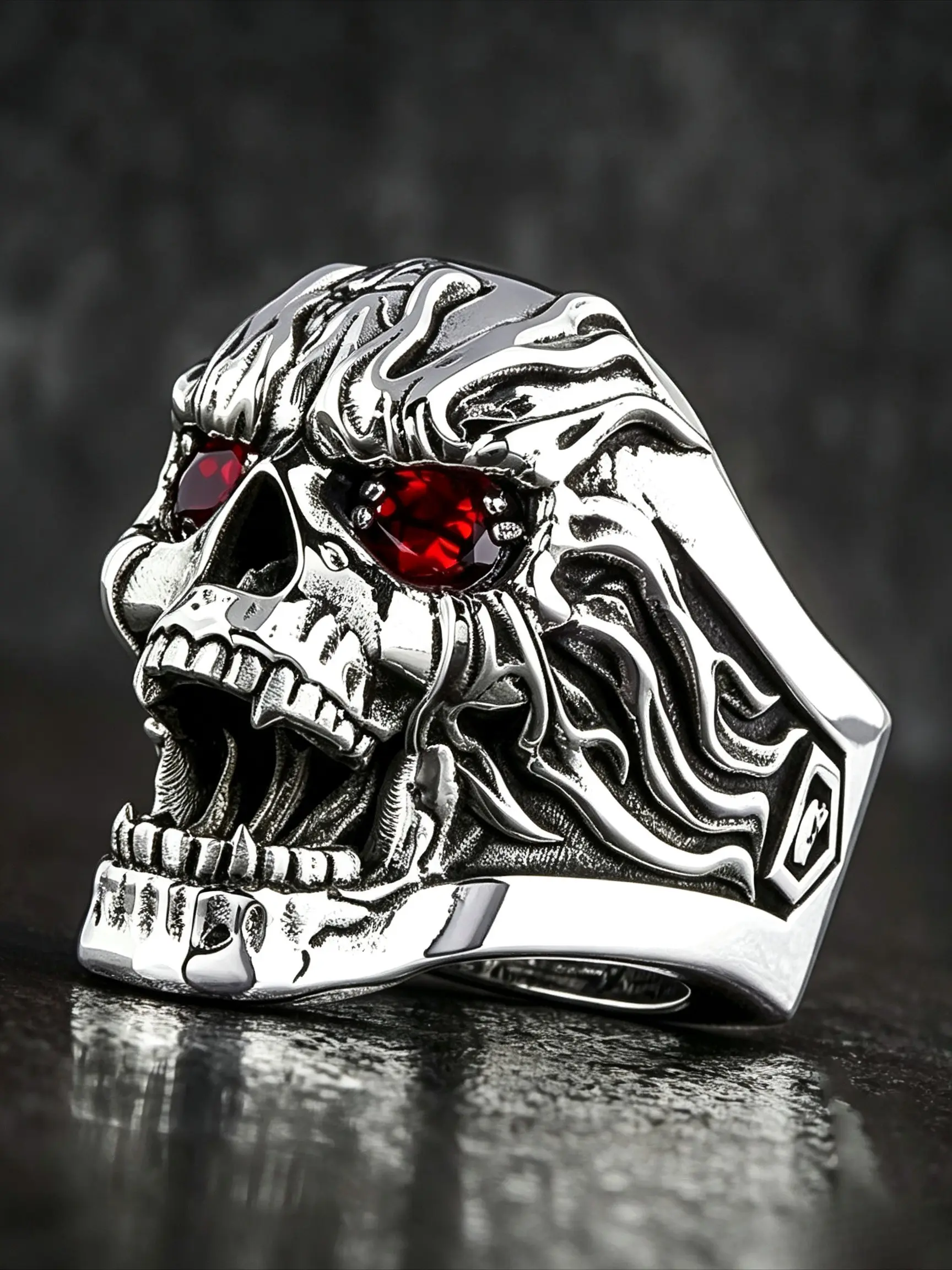 A Vintage-Style, Distressed, 3D Red-Eye Skull Ring With Cubic Zirconia—A Men's Punk, Biker-Style, Street-Cool, Niche, And Versatile Ring