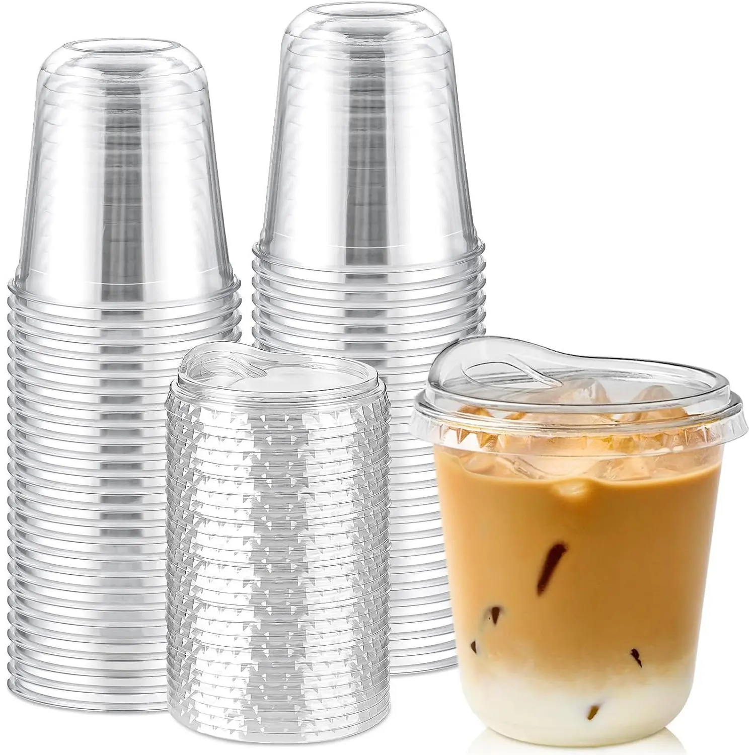 14 Oz Round Bottom Clear Plastic Cups with Sip , 50 Sets, Disposable Iced Coffee Cups with Strawless  To Go Cold Drink Cups for Smoothies, Juices, Party Catering