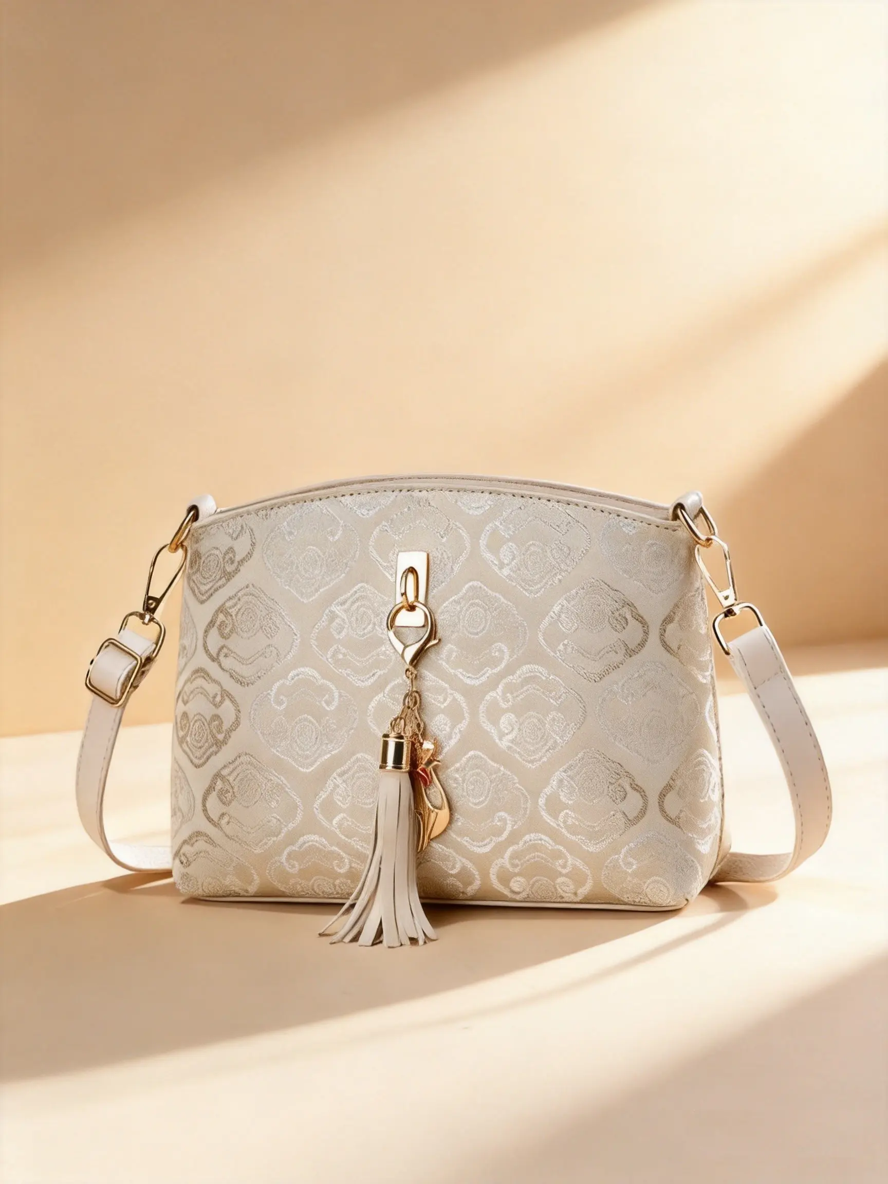 Women's Vintage Jacquard Crossbody Bag, Quiet Luxury Tassel Purse, Elegant Designer-Inspired Shoulder Bag, Everyday Chic Style