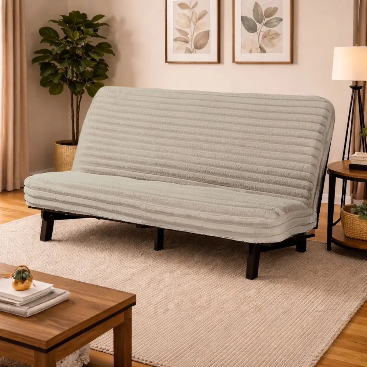 Classic Space Saving Full-size Futon Frame in Java Finish Includes Corduroy Fog Mattress