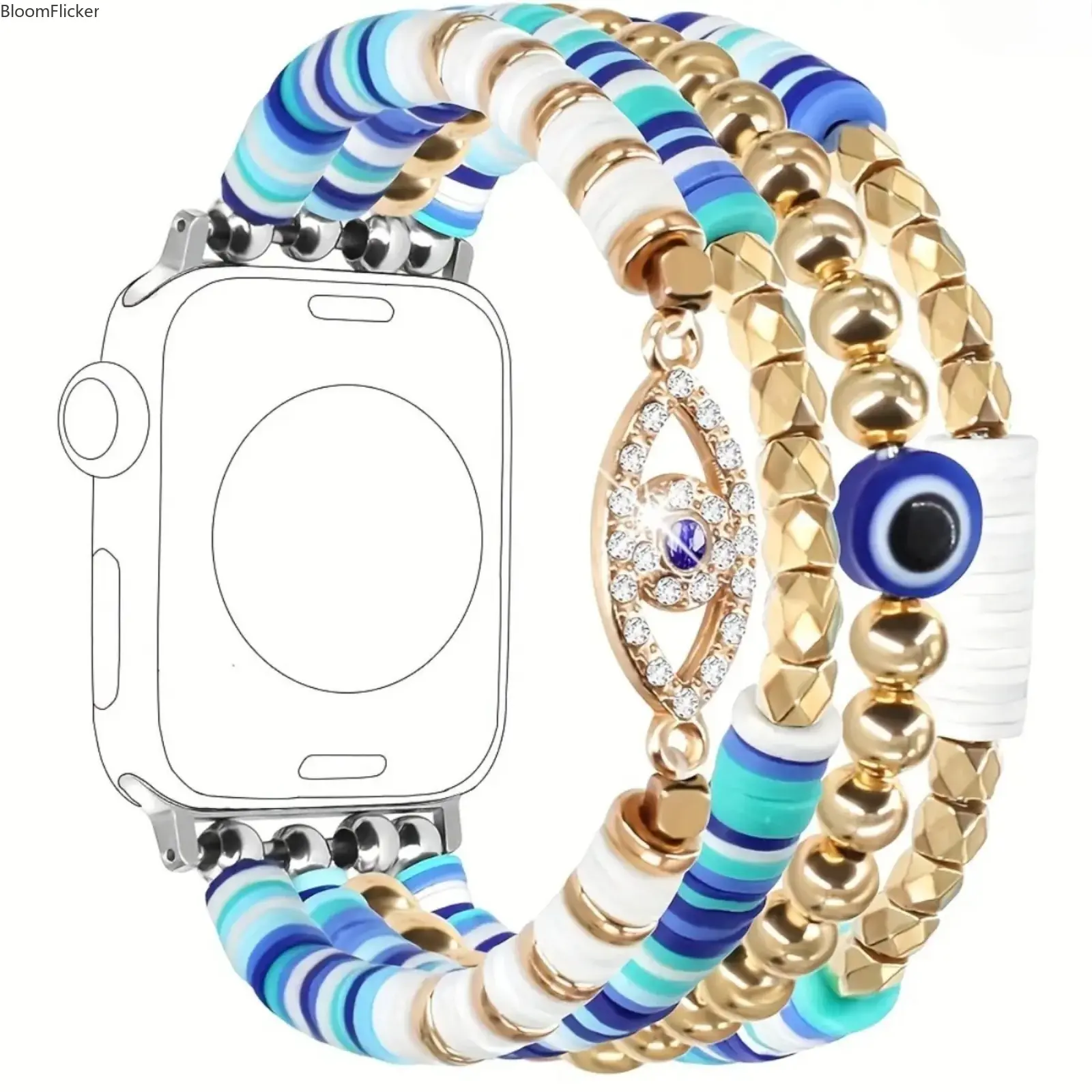 Boho Evil‑Eye Multi‑Layer Elastic Beaded Apple Watch Band, handmade clay gold‑bead bracelet strap with rhinestone evil‑eye charm. Compatible with 40‑41‑42‑44‑45‑49mm, fits iWatch Series 1‑11 SE, boho‑style daily wrist accessory for women & men