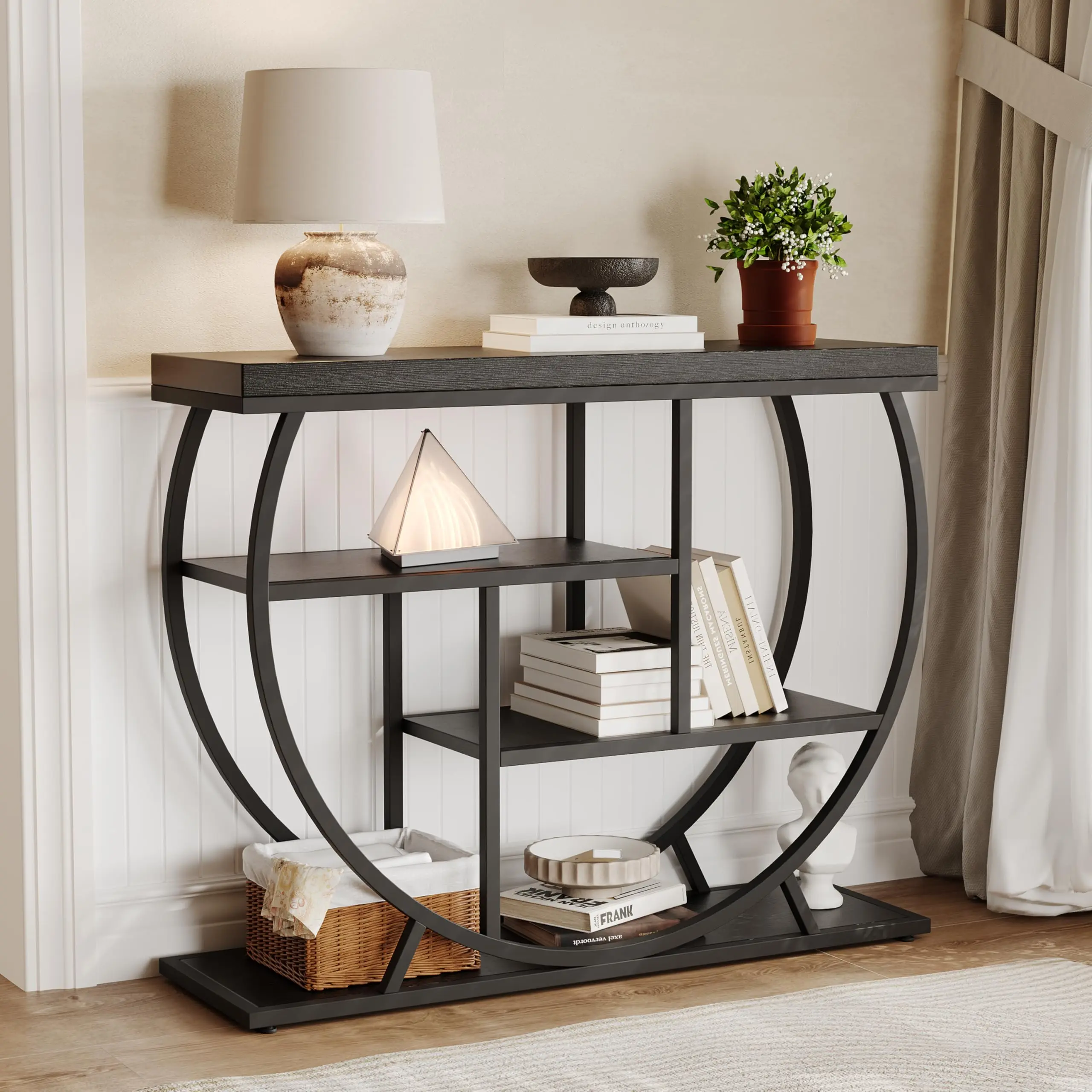 Garvee Entryway Table with Storage, Industrial 4-Tier Narrow Console Table Behind Couch with Half-Circle Base & Storage Shelves for Living Room, Hallway, Foyer