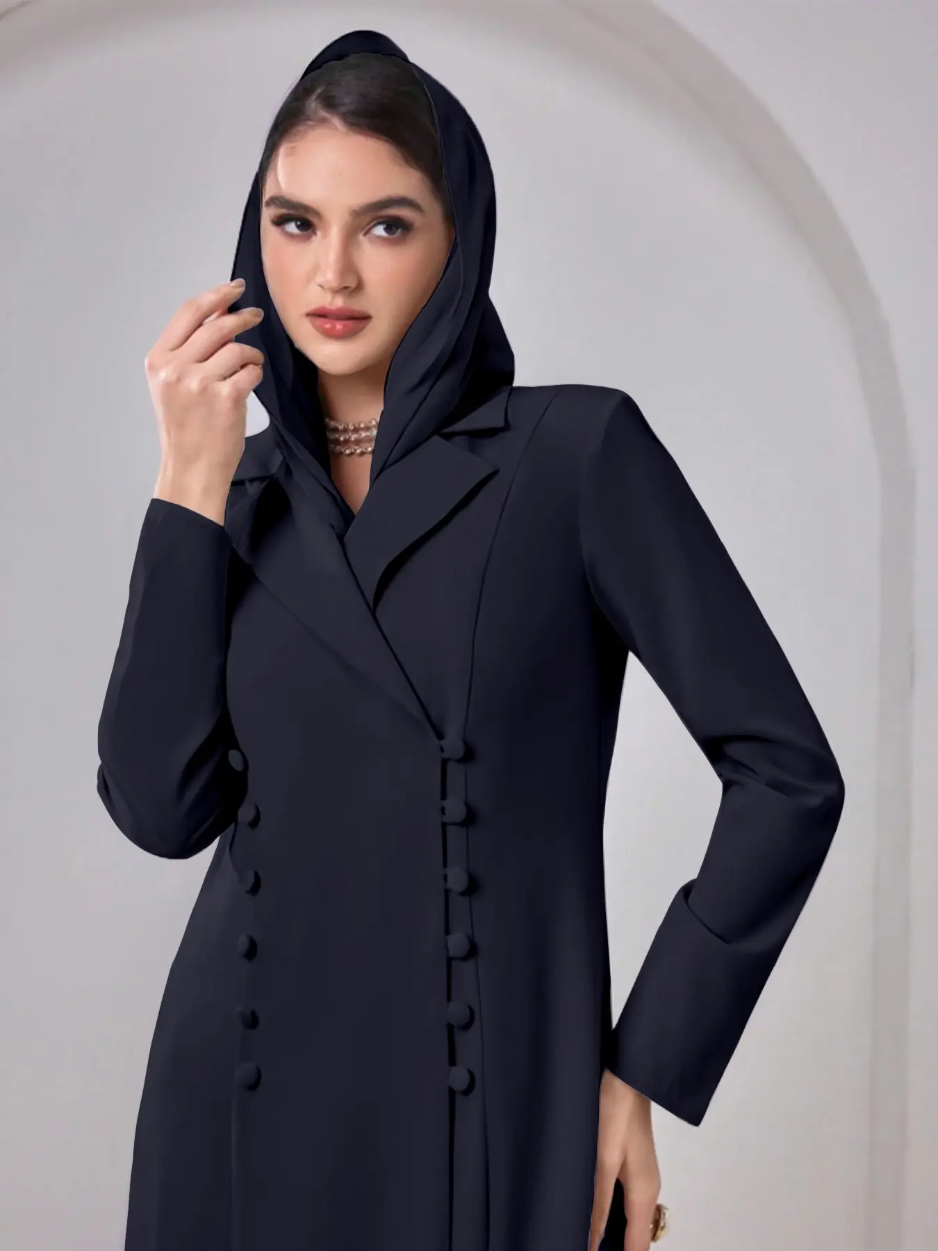 Elegant Abaya Blazer Coat with Headscarf, Shoulder Pads, Solid Color, Pocket Front Button Closure, Split Design, Women's Fashion Outerwear