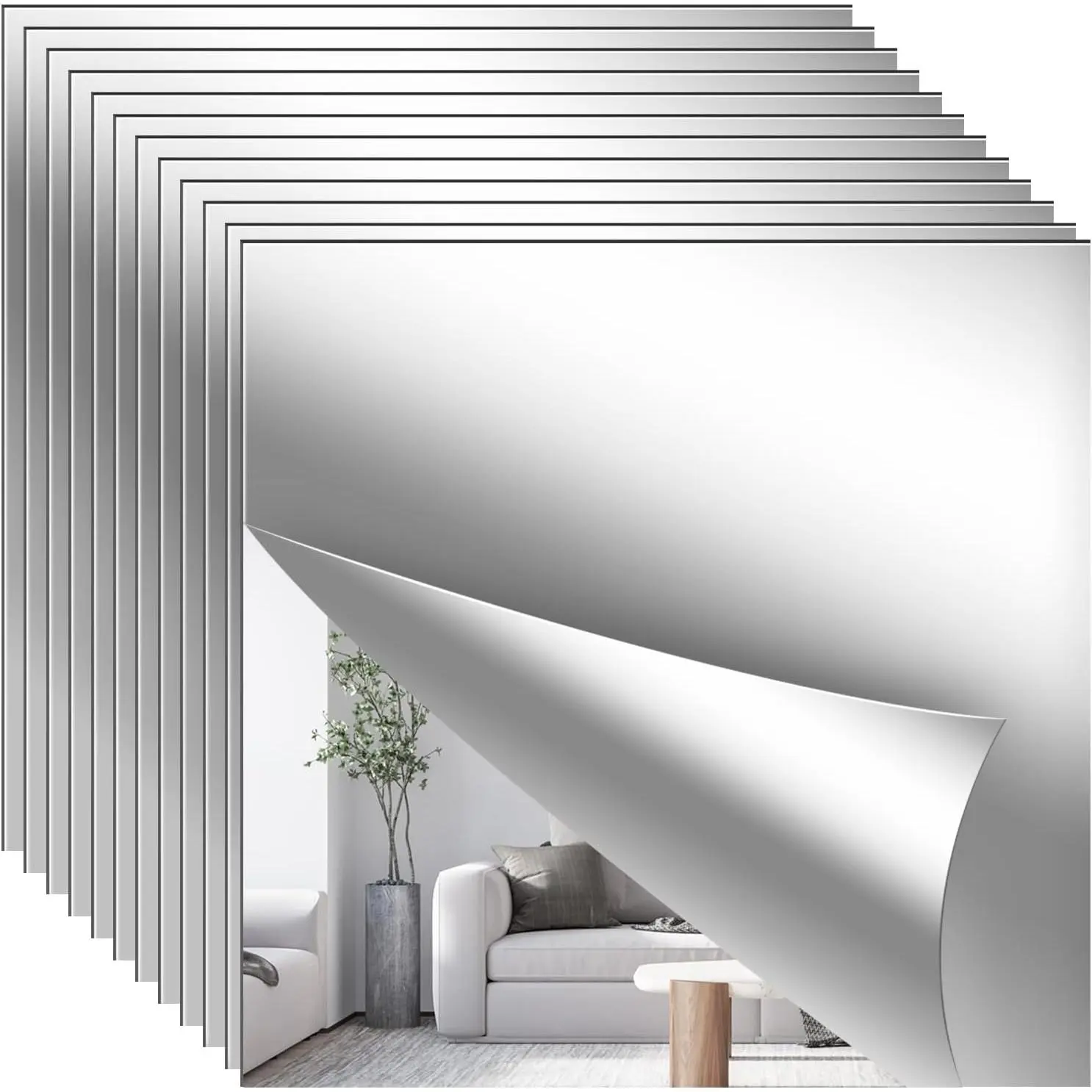Shiftshade 12PCS Acrylic Mirror Tiles,12x12 Inch Flexible Mirror Sheet,Self Adhesive Self Cuttable Mirror Wall Stickers Non Glass Square Mirrors for Home Wall DIY Decor