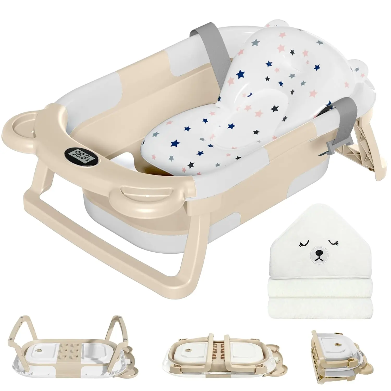 Collapsible Infant Size Foldable Baby Bathtub Kit for 0-2 Years - Portable Travel Bathtub with Thermometer, 1 Hooded Towel, 1 Soft Floating Cushion, Drain Hole for Bathroom Use
