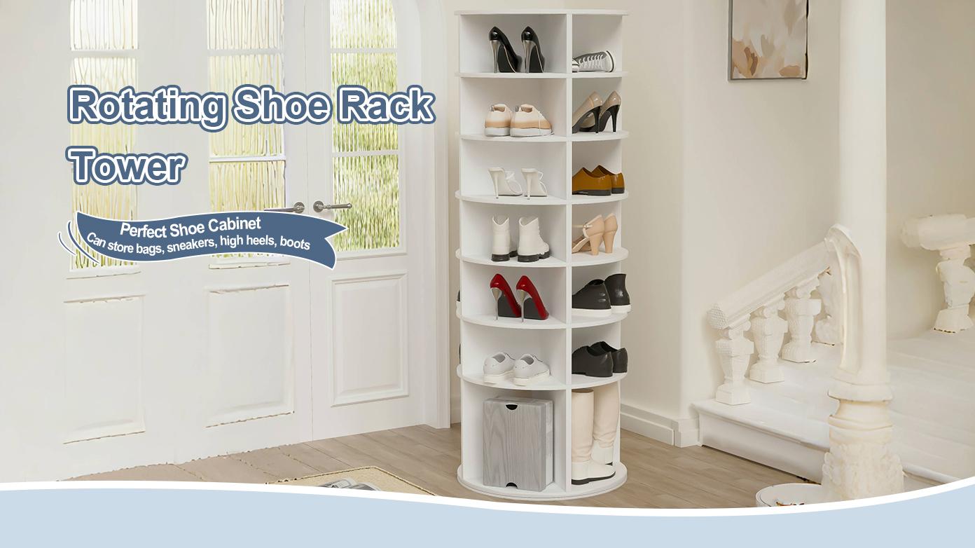 Rotating Shoe Rack Tower 7-Tier Spinning Shoe Organizer Free Standing 360° Revolving Storage for 28 Pairs of Shoes High Bottom Design Footwear Organization