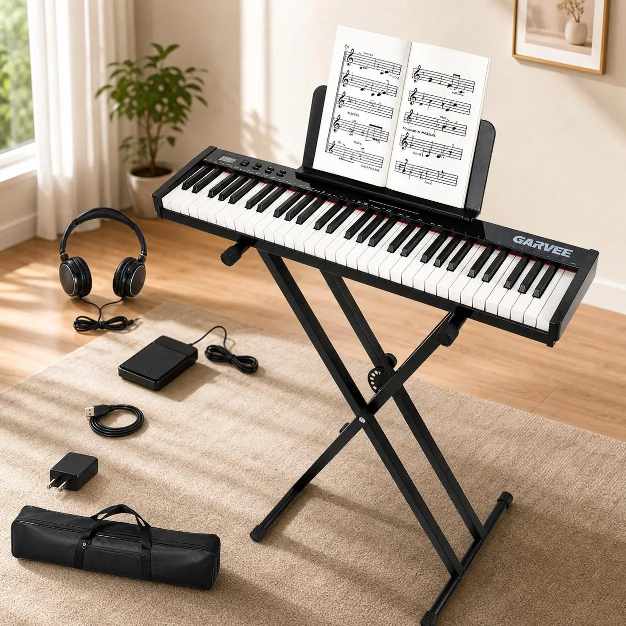 61‑Key Portable Electronic Keyboard, Semi‑Weighted Keys Complete Bundle with X‑Shape Keyboard Stand, Music Stand, Power Adapter & Carry Bag, Black Piano Set for Beginners to Professional Players
