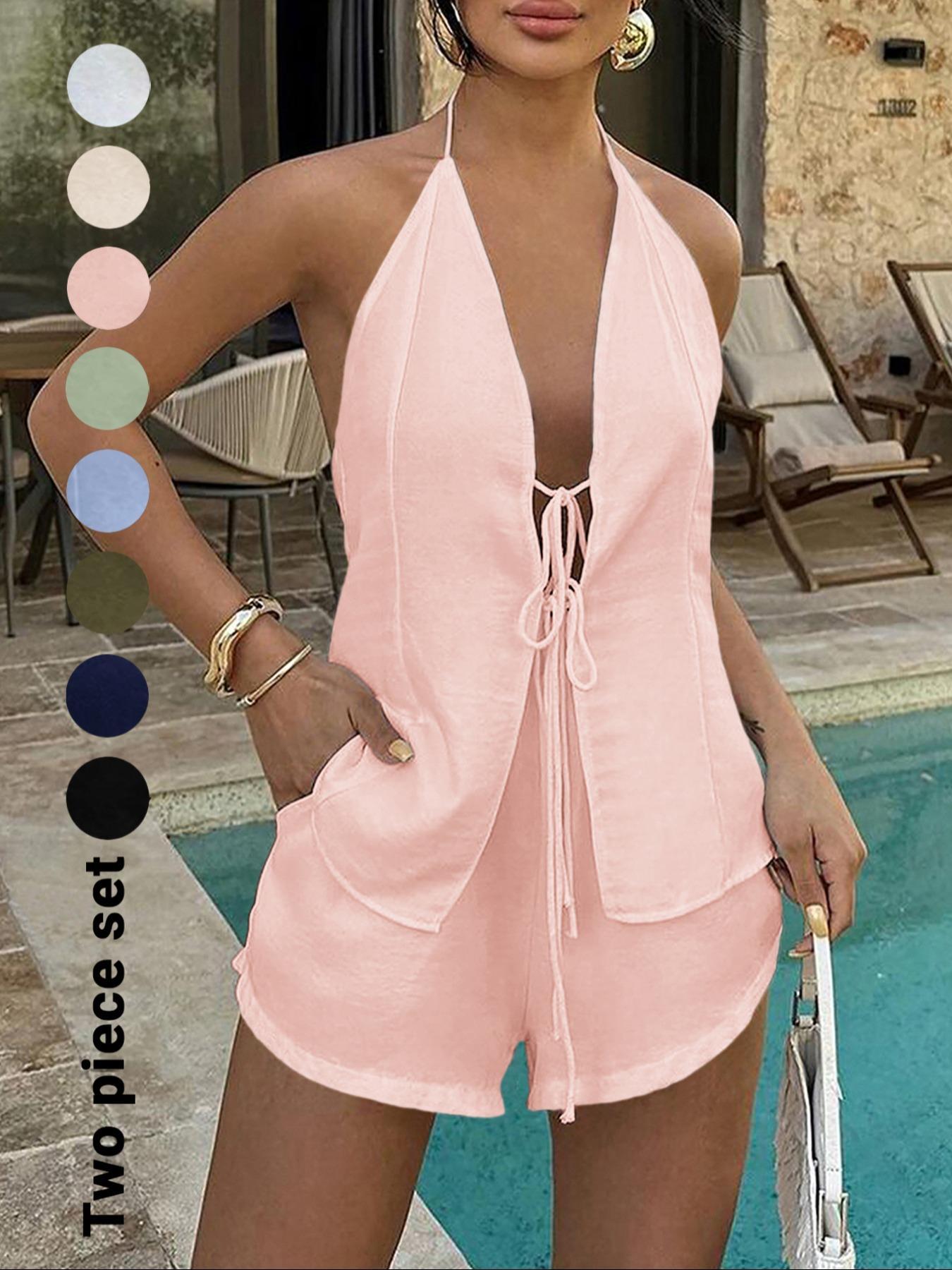 Women's Solid Color Fitted Tie Back Top & Shorts Set, Casual Fashion Chic Two-piece Outfits for Summer, Ladies Clothes for Beach Holiday Vacation, Womenswear