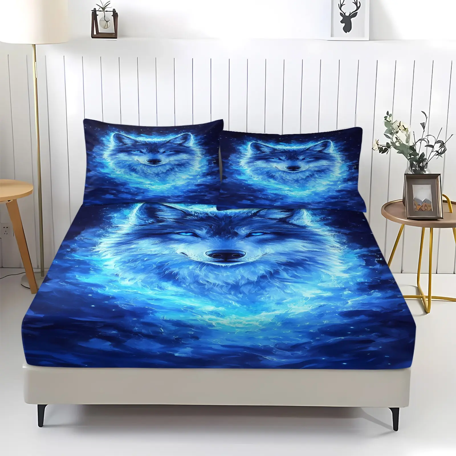 Wolf print pattern bed sheet, including 1 bed sheet and 2 pillowcases, anti slip dust cover suitable for bedrooms and guest rooms, suitable for personal use or gift giving