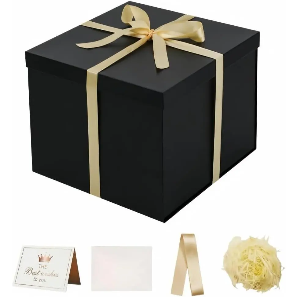 Matte Black Large  Box 1 count 12x12x11 Inch, Box with Lid for Presents Birthdays,Christmas Valentine's Day,Mother's Day, with Ribbon Card Envelope Shredded Paper Fill