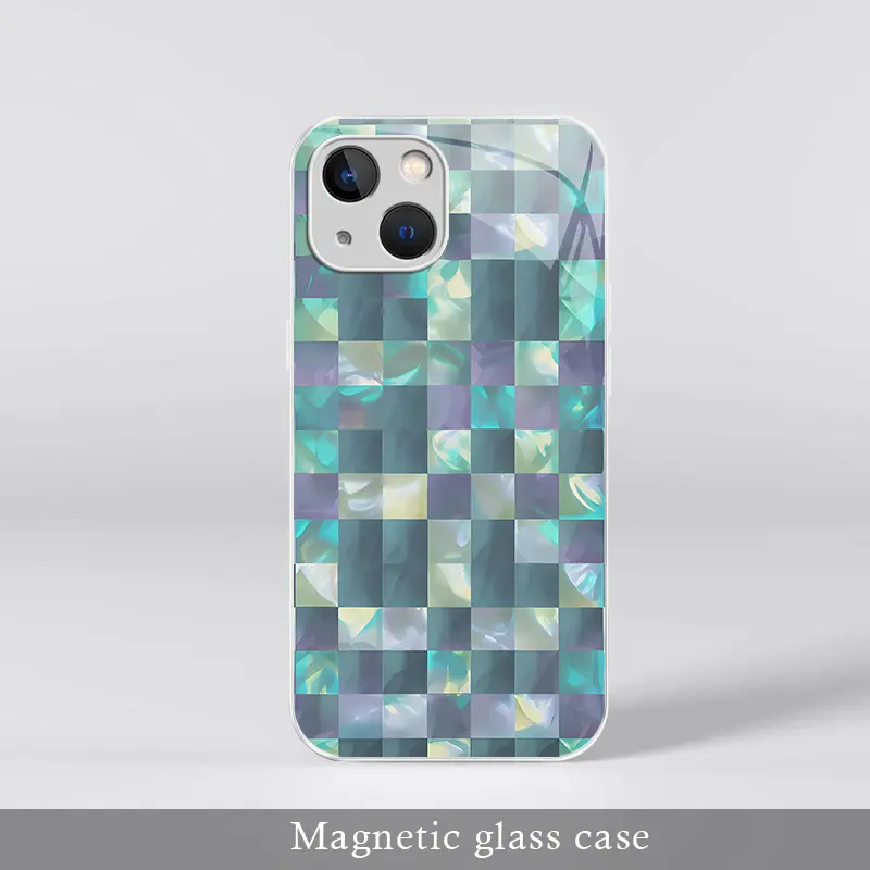 Mermaidcore Aesthetic Pearlescent Checkerboard Magnetic Glass Case for iPhone 14 Plus, Glossy Shell MagSafe Cover ---975