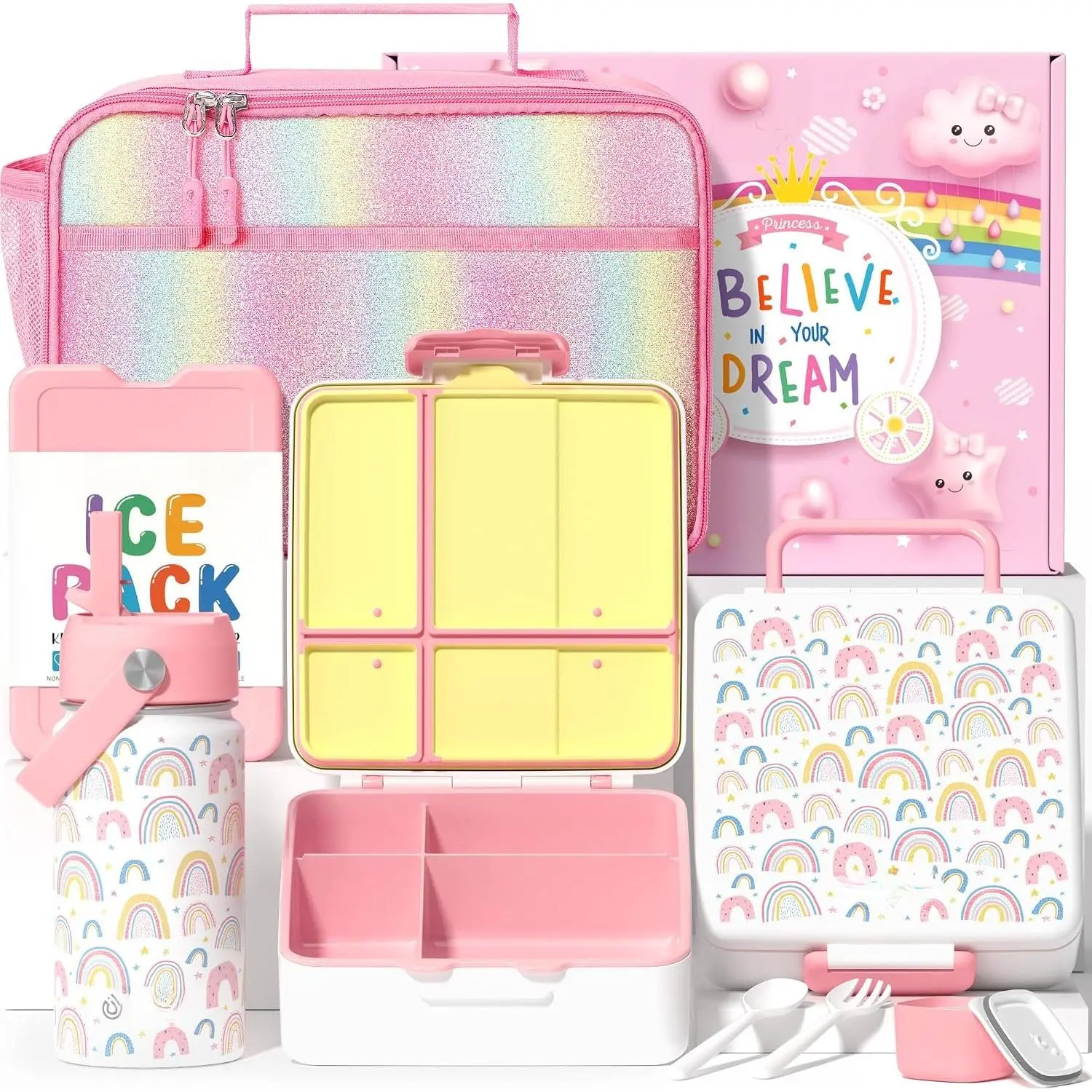 Bento Lunch Box with  Insulated Water Bottle Lunch Bag | Lunch Box  with 4 Compartments, Ice Pack & Utensils Set, Birthday Gifts for Ages 3-12  to School  Girls Boys