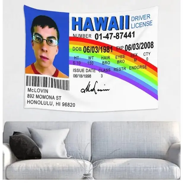 Hawaii ID Mclovin Wall Tapestry,  Polyester Fake Driver License Banner with Brass Grommets, Modern Stripe Design Tapestry Room Decor for College Dorm Home Bedroom summerwins,