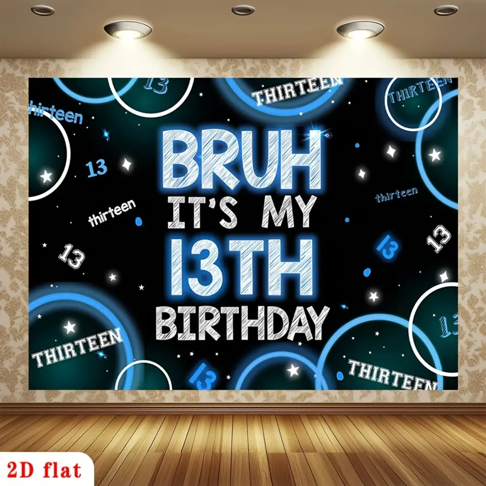 13th Birthday Themed Print 2D Foldable Flats HD Digitally Printed Polyester Photography Backdrop - Soft, Lightweight, Space-Saving Cloth for 13-Year-Old Unisex Party Photo/Video, Portrait Shooting, 2D Flat